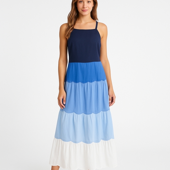 Ann Taylor Colorblock Tiered Midi Dress Navy Blue Blue White Scalloped Hem 12P - Picture 1 of 7